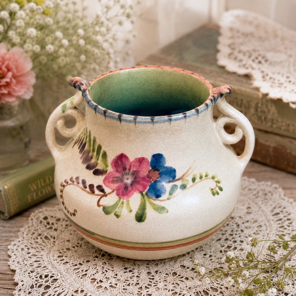 Antique Weller Bonito Hand Painted Art Pottery Pillow Vase Two Handle Urn